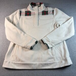 Crown & Ivy Fleece Pullover Womens M Ivory Tartan Plaid Holiday Snap Sweatshirt